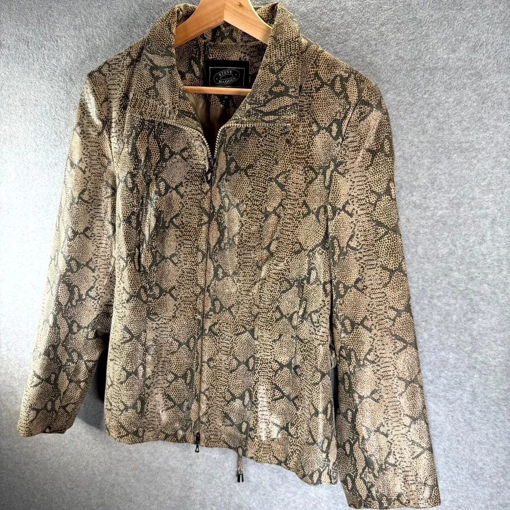 Vintage‎ Steve Madden Leather Jacket Womens Medium Brown Snake Print Full Zip